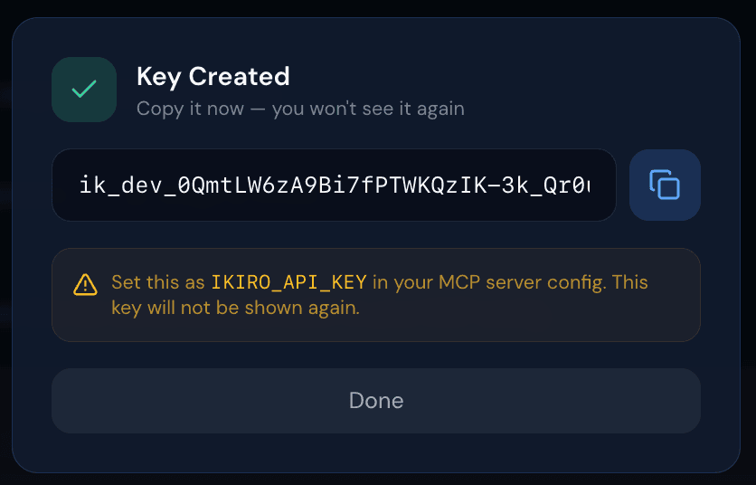 Key Created — copy your key now, it won't be shown again