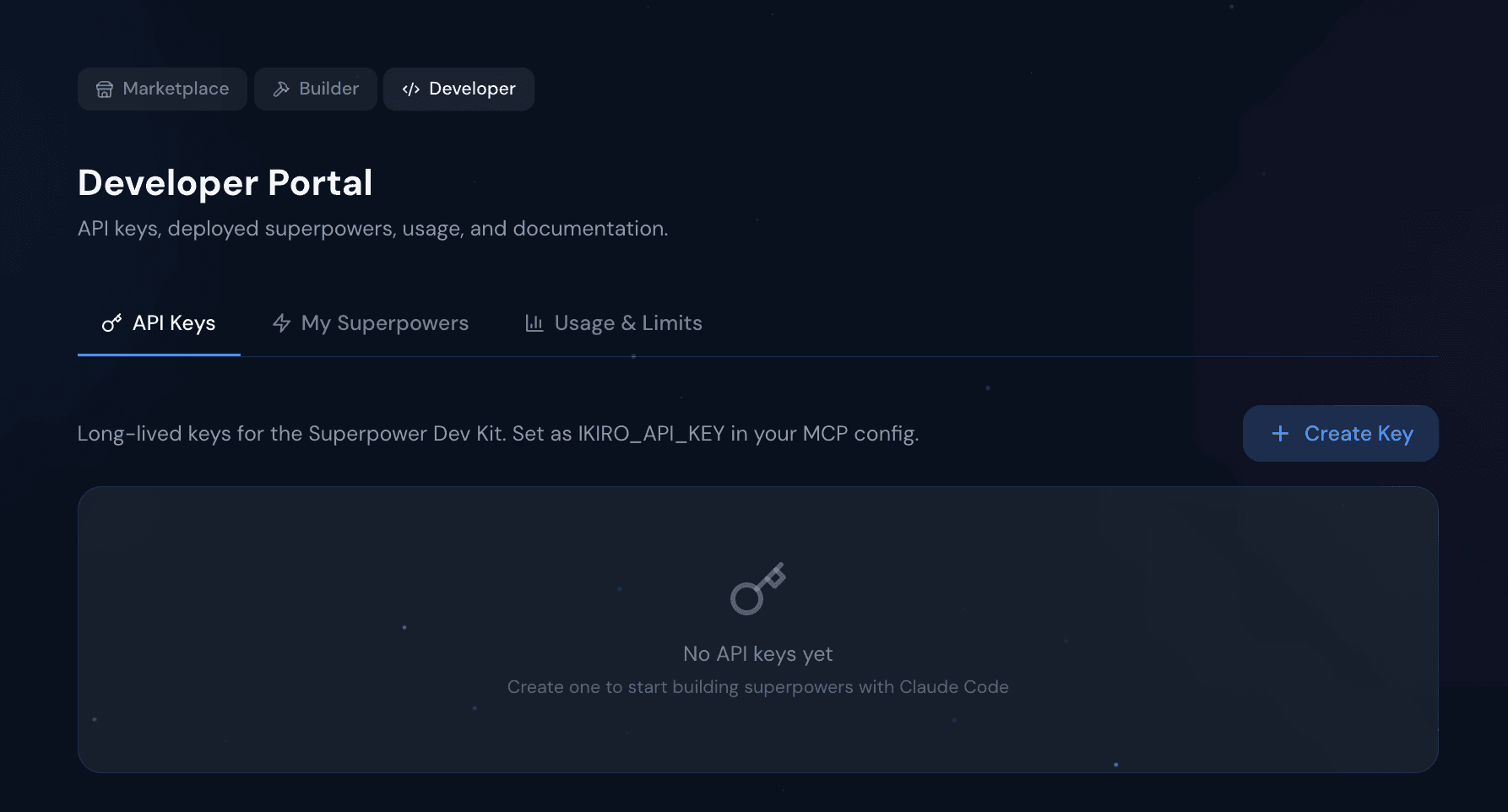 Developer Portal — click Create Key to generate your API key